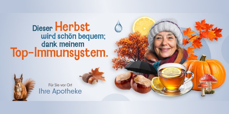 Herbstaktion der Adler-Apotheke Nossen zum Thema Immunsystem mit Frau, Tee, Kürbis und Herbstlaub